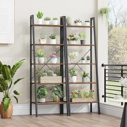 finetones 5-Tier Ladder Shelf, Ladder Bookshelf Bookcase with Metal Frame, Plant Rack Display Shelf Accent Furniture for Home Office, Black/Rustic Brown - LeafyLoom