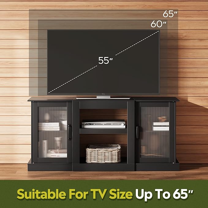 WLIVE Retro TV Stand for 65 inch TV, TV Console Cabinet with Storage, Open Shelves Entertainment Center for Living Room and Bedroom, Black - LeafyLoom