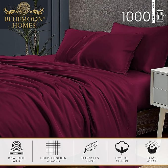 Egyptian Cotton Sheets Queen Size 1000 Thread Count, 4 Piece Soft & Comfortable Bed Linen Set, Hotel Quality Queen Size Bedding Set, Fits Upto 18" Mattress, Cool Durable Sheets & Pillowcases, Burgundy - LeafyLoom