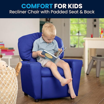 Flash Furniture Chandler Vinyl Kids Recliner with Cup Holder and Safety Recline, Contemporary Reclining Chair for Kids, Supports up to 90 lbs., Blue - LeafyLoom