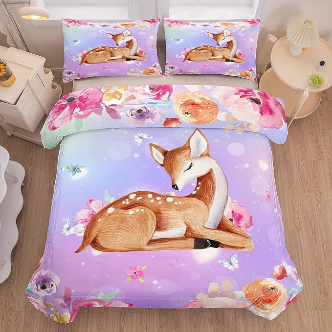 NINENINE Cute Deer Bedding for Girls Kawaii Deer Comforter Sets for Girls,Pink Deer Bedding Twin Bedding Set for Kids Girls,Watercolor Wildlife Comforter with 1 Comforter 1 Pillowcase… - LeafyLoom