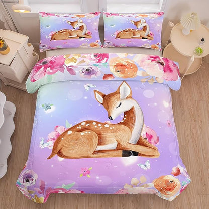 NINENINE Cute Deer Bedding for Girls Kawaii Deer Comforter Sets for Girls,Pink Deer Bedding Twin Bedding Set for Kids Girls,Watercolor Wildlife Comforter with 1 Comforter 1 Pillowcase… - LeafyLoom