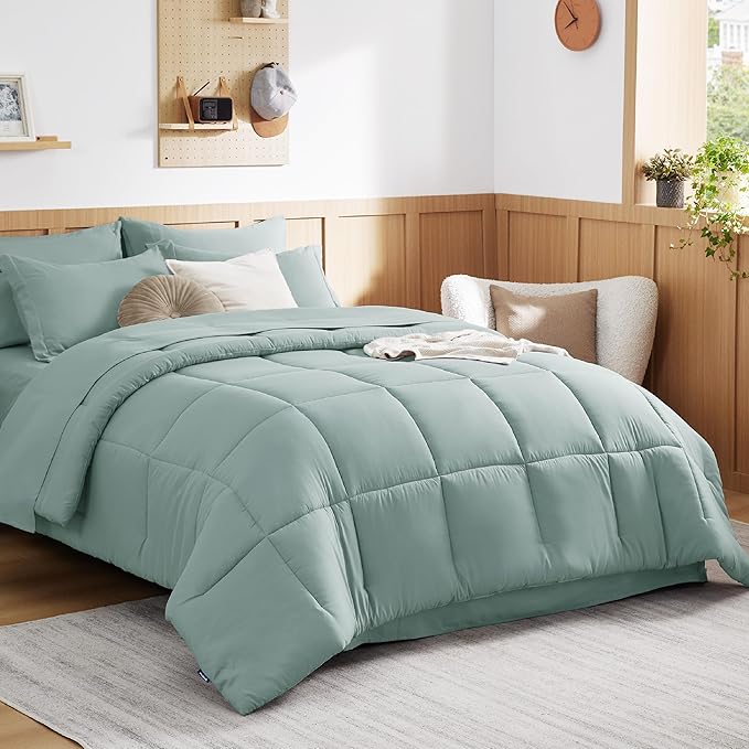 Bedsure Sage Green Twin Comforter Set - 5 Pieces Solid Twin Bed in a Bag, Twin Bed Set Sage Green with Quilted Warm Fluffy Comforters, Sheets, Pillowcase & Sham - LeafyLoom