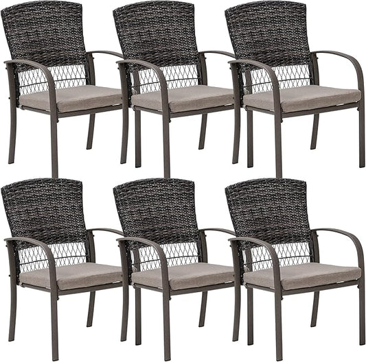 Pamapic 6 Piece Patio Dining Chair, Outdoor Dining Chair, Patio Wicker Chair for Backyard Garden Deck Poolside/Removable Cushions(Beige) - LeafyLoom