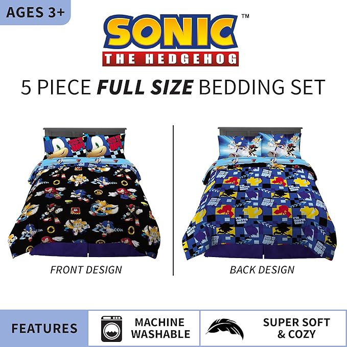 Franco Kids Bedding Super Soft Comforter and Sheet Set, 5 Piece Full Size, Sonic the Hedgehog - LeafyLoom