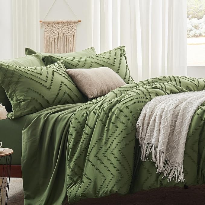 Anluoer Queen Comforter Set, Olive Green Tufted Bed in a Bag 7 Pieces with comforters and sheets, All Season Bedding Sets with 1 Comforter, 2 PillowShams, 2 Pillowcases, 1 Flat Sheet, 1 Fitted Sheet - LeafyLoom