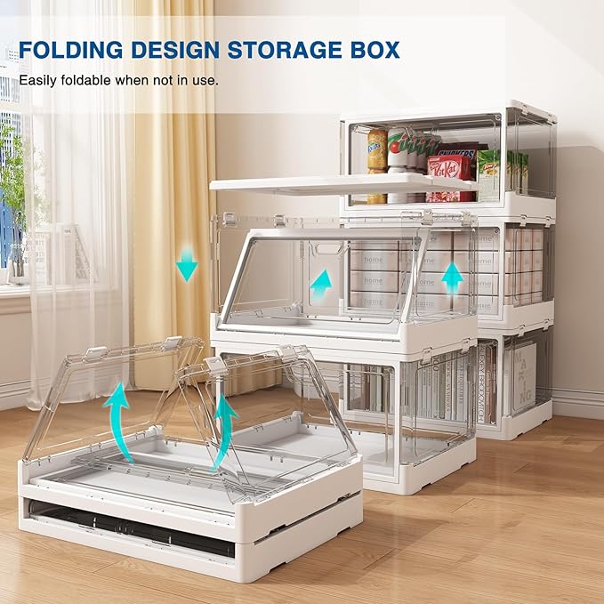 3-Pack Clear Stackable Storage Bins with Lids Magnetic Doors Open Front Foldable Folding Plastic Craft Containers Large Closet Organizers Box for Bedrooms Living Rooms Study Kids' Toys 24 QT - LeafyLoom