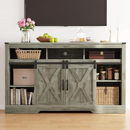 Farmhouse TV Stand for 23" Fireplace, 34'' Tall Entertainment Center for 65+ Inch TV, Rustic TV Console with Sliding Bar Door for Living Room (Light Grey) - LeafyLoom