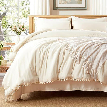 Anluoer Queen Comforter Set 7 Piece, Cream Bed in a Bag with Sheets, Pom Pom Boho Bedding Comforter Sets with 1 Comforter, 2 Pillow Shams, 2 Pillowcases, 1 Flat Sheet, 1 Fitted Sheet - LeafyLoom