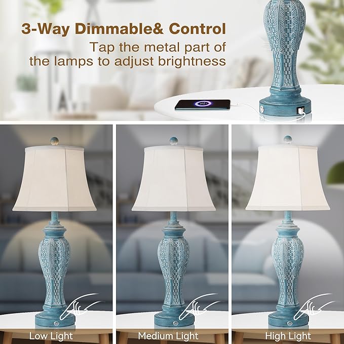 27.5'' Set of 2 Table Lamps for Living Room,Vintage Nightstand Bedside Lamps with 2-USB Charging Ports, Retro 3-Way Dimmable Touch Lamps for Nightstand Bedroom (2 Bulbs Includ Blue Washed) - LeafyLoom