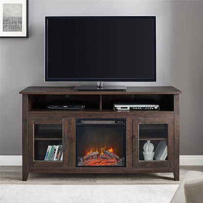 Walker Edison Glenwood Rustic Farmhouse Glass Door Highboy Fireplace TV Stand for TVs up to 65 Inches, 58 Inch, Brown - LeafyLoom