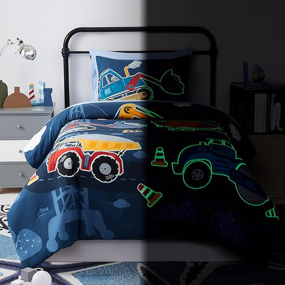 Truck Tractor Excavator Twin Comforter Set with Sheets - 5 Pieces Kids Twin Bedding Sets for Boys, Glow in The Dark Construction Trucks Twin Bed in a Bag for Kids, Teens - LeafyLoom