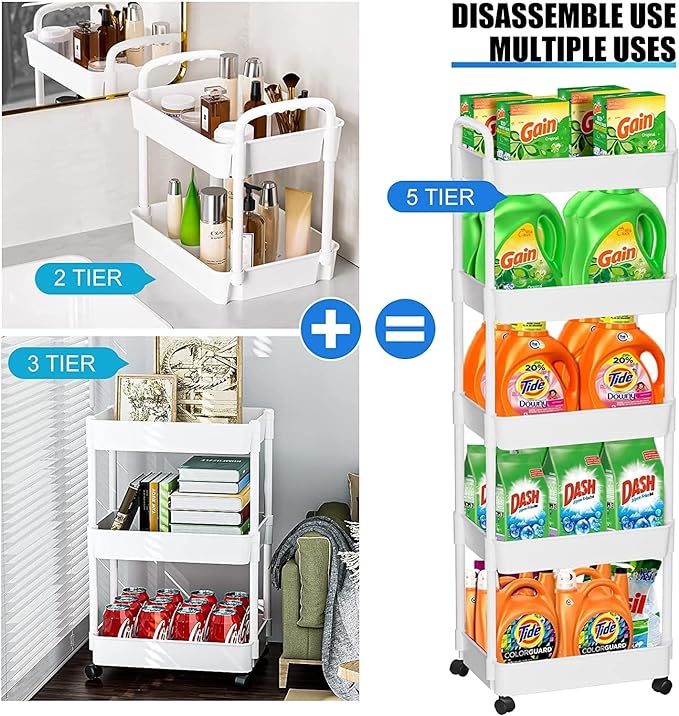 5-Tier Rolling Cart, Utility Cart with Lockable Wheels, Storage Cart Craft Cart Book Cart Diaper Cart Organizer for Bathroom Kitchen, white - LeafyLoom