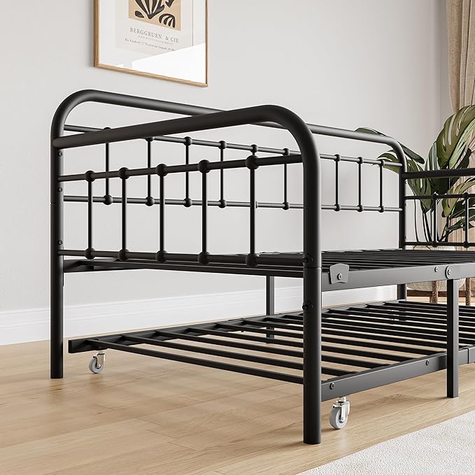 Twin Size Metal Daybed Frame with Trundle and Headboard,Guest Room Multifunctional Heavy Duty Sofa Bed Platform w/Steel Slat Support & Easy Assembly,for Adult Kid Boy Girl,Black - LeafyLoom