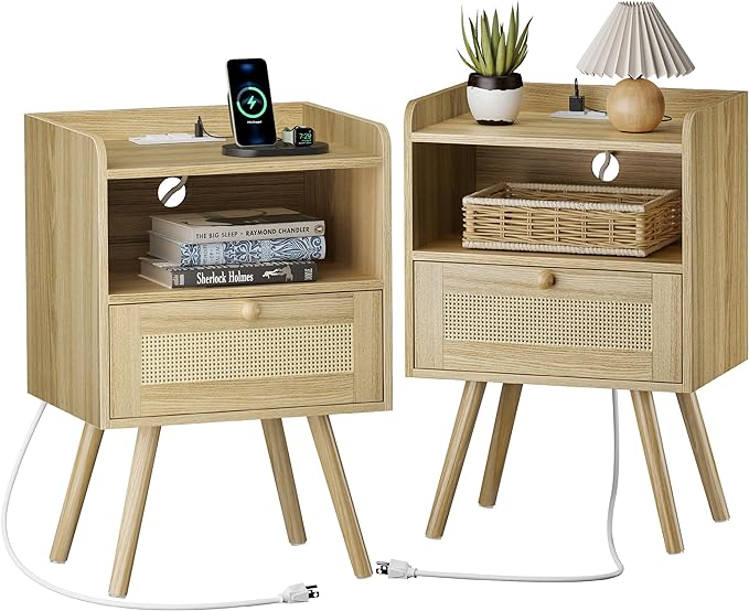 SUPERJARE Nightstands Set of 2, Night stands with Charging Station & PE Rattan Decor Drawer, Bed Side Tables with Solid Wood Feet, End Table, for Bedroom, Living Room - Natural - LeafyLoom