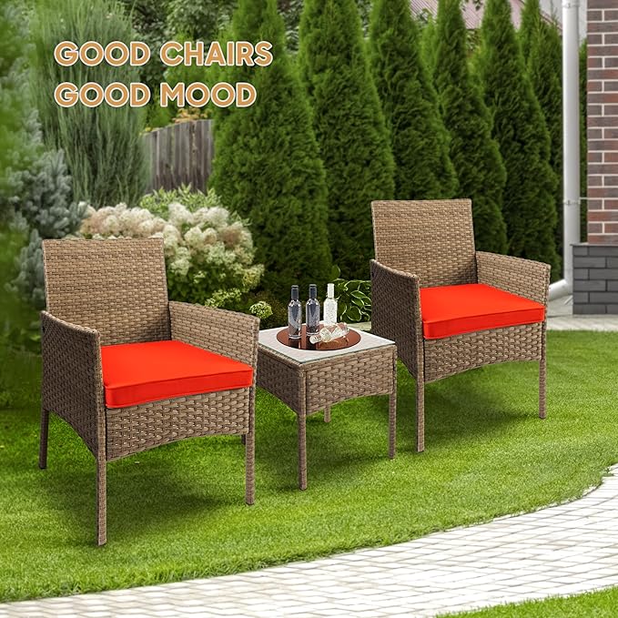 YIYAN 3 Pieces Patio Bistro Set Outdoor Wicker Furniture Outdoor Porch PE Rattan Wicker Chairs Furniture Sets with Sofa Chairs,Glass Coffee Table and Red Washable Cushion - LeafyLoom