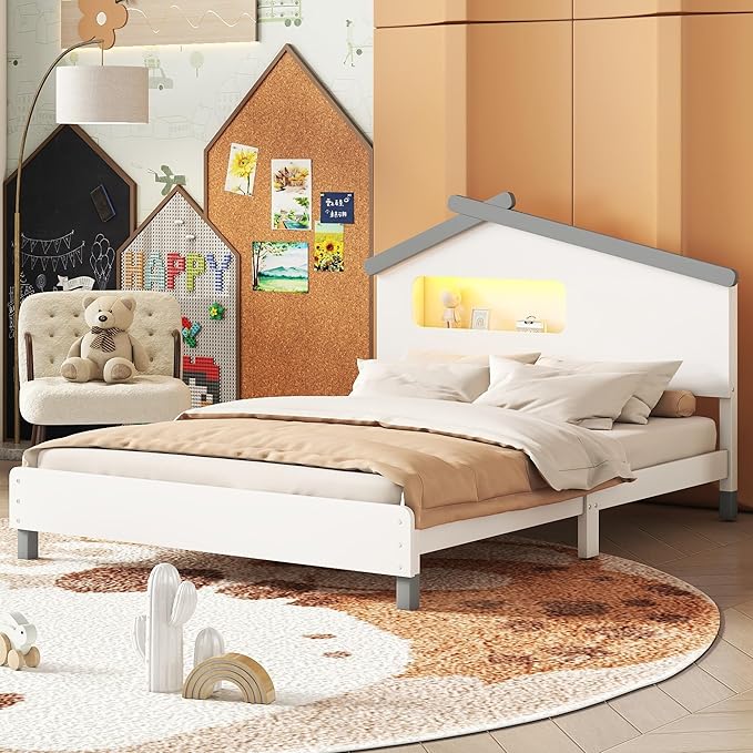 Full Size Bed Frame for Kids,Full Platform Bed with House-Shaped Headboard and Motion Activated Night Lights,Wood Full Kids Bed Frame for Girls,Boys(Full,White) - LeafyLoom