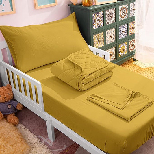 NTBAY Toddler Bedding Set - 4 Piece Soft and Breathable Crib Bedding Set for Boys and Girls, Includes Quilted Comforter, Fitted Sheet, Flat Top Sheet and Envelope Pillowcase, Yellow - LeafyLoom