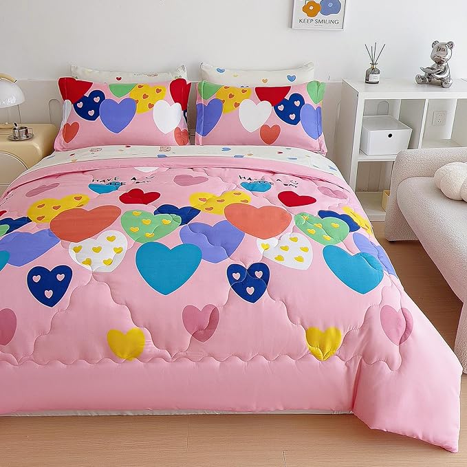 7 Piece Kids Pink Heart Bedding Sets Twin Comforter Set with Sheets - Colourful Reversible Heart Shaped Cute Bedding for Girls Kids - Love Quilt Bed in a Bag All Season - LeafyLoom