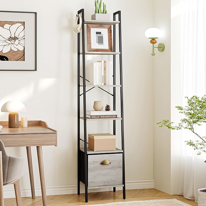 Narrow Bookshelf Bookcase with Drawer, Ladder Shelf with 2 Hooks, Bookshelves Storage Organizer, Freestanding Display Standing for Home Office, Bedroom, 6 Tier Greige BC19605B - LeafyLoom