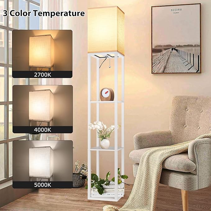 Floor Lamp with Shelves for Living Room White, Shelf Floor Lamp with 3 CCT LED Bulb, Corner Display Standing Column Lamp Etagere Organizer Tower Nightstand with White Linen Shade for Bedroom, Office - LeafyLoom