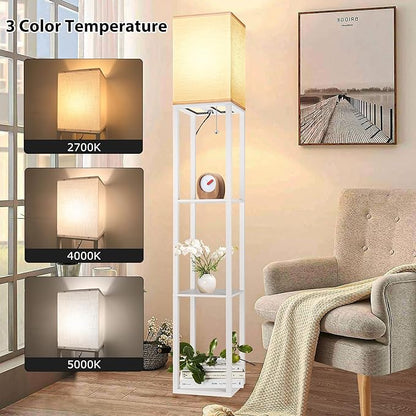 Floor Lamp with Shelves for Living Room White, Shelf Floor Lamp with 3 CCT LED Bulb, Corner Display Standing Column Lamp Etagere Organizer Tower Nightstand with White Linen Shade for Bedroom, Office - LeafyLoom