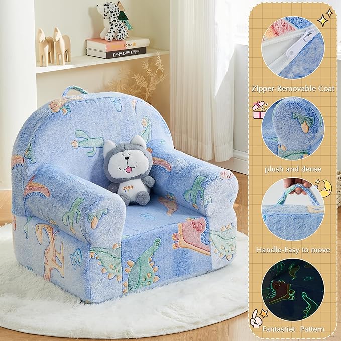 Toddler Chair Kids Plush Chair Kids Sofa Sherpa Kids Chairs, Toddler Couch Bean Bag Chairs for Kids Gaming Chair for Kids Glow in The Dark, Dinosaur - LeafyLoom