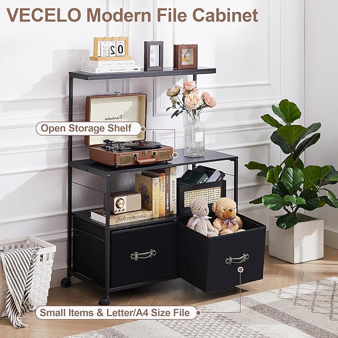 VECELO Mobile Lateral File Cabinet Rolling Printer Stand with 3 Open Storage Shelf, Ideal for Letter Size Folders, with Lockable Casters, Strong Steel Frame, Perfect for Office, Black, 2 Drawer - LeafyLoom