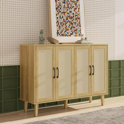 Storage Cabinet with Rattan Trim - 4 Door Sideboard Buffet Cabinet with Storage, Accent Cabinet with Shelves for Bathroom, Coffee Bar, Kitchen, Living Room, Hallway (natural wood) - LeafyLoom