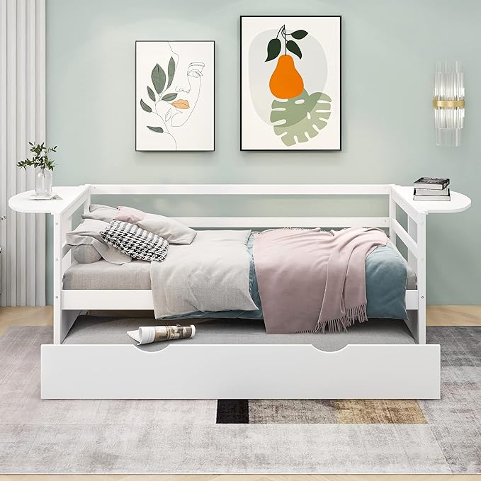 Merax Modern Wood Daybed with Twin Size Trundle and Two Foldable Shelves, Multifunction Sofa Bed Frame for Family, Kids, Teens, No Box Spring Needed, White - LeafyLoom