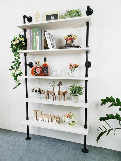 Ladder Pipe Shelves, Wall Mounted Industrial Shelves for Living Room Storage (White, 5 Tier - 10" D x 36" W x 70" H) - LeafyLoom