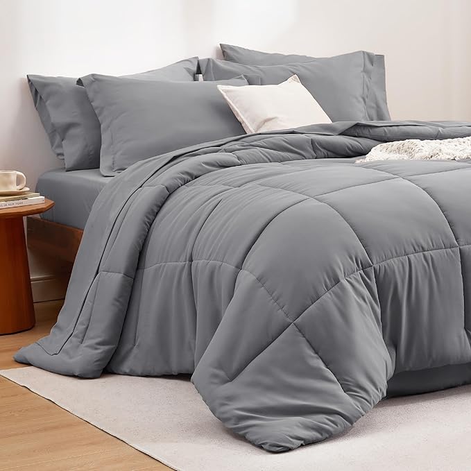 Bedsure Twin Comforter Set - 5 Pieces Solid Twin Bed in a Bag, Twin Bed Set Grey with Quilted Warm Fluffy Comforters, Sheets, Pillowcase & Sham - LeafyLoom