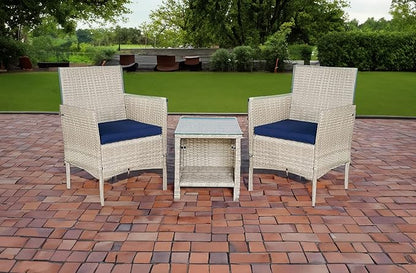 BTEXPERT Outdoor Wicker Conversation 3 Piece Bistro Set Garden Patio Yard Porch Furniture Space Saving Pe Rattan 2 Chairs Cushions Side Storage Glass Table Stone Gray/Navy Blue 3pc - LeafyLoom