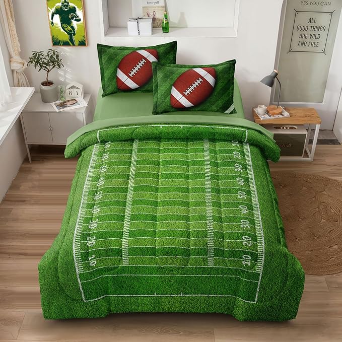 Football Comforter Set Full Size for Teen Boys, Kids Football Field Bedding Green Themed Bedroom Set with Sheets, Full Bed in a Bag Set - LeafyLoom