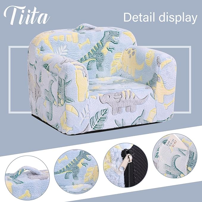 Tiita Kids Sofa, Children Couch with Carrying Handle & Side Pockets, Kids Foam Chair, Toddler Armrest Chair, Lightweight Children Sofa Chair, Kids Read Sofa for Girl or Boy (Grey Dinosaur) - LeafyLoom