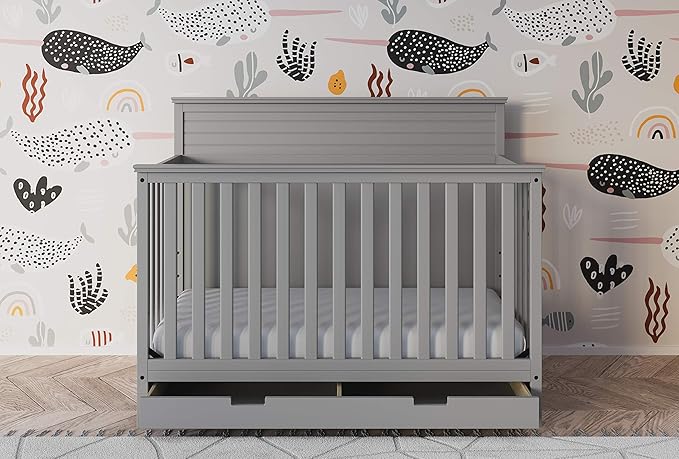 STORKCRAFT Homestead 5-in-1 Convertible Crib with Drawer (Pebble Gray) – GREENGUARD Gold Certified, Crib with Drawer Combo, includes Nursery Storage Drawer, Converts to Toddler Bed and Full-Size Bed - LeafyLoom