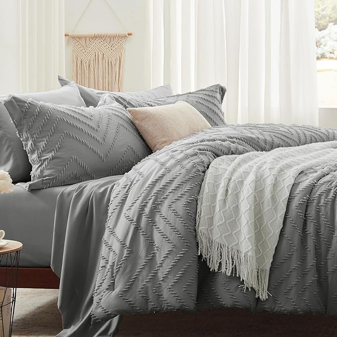 Anluoer Full Comforter Set, Grey Tufted Bed in a Bag 7 Pieces with comforters and sheets, All Season Bedding Sets with 1 Comforter, 2 PillowShams, 2 Pillowcases, 1 Flat Sheet, 1 Fitted Sheet - LeafyLoom