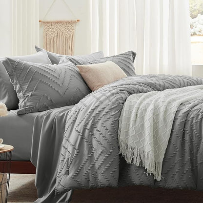 Anluoer King Comforter Set, Grey Tufted Bed in a Bag 7 Pieces with comforters and sheets, All Season Bedding Sets with 1 Comforter, 2 PillowShams, 2 Pillowcases, 1 Flat Sheet, 1 Fitted Sheet - LeafyLoom