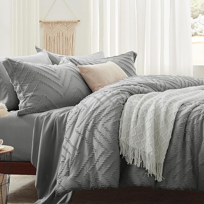 Anluoer Twin Comforter Set, Grey Tufted Bed in a Bag 5 Pieces with comforters and sheets, All Season Bedding Sets with 1 Comforter, 1 PillowShams, 1 Pillowcases, 1 Flat Sheet, 1 Fitted Sheet - LeafyLoom