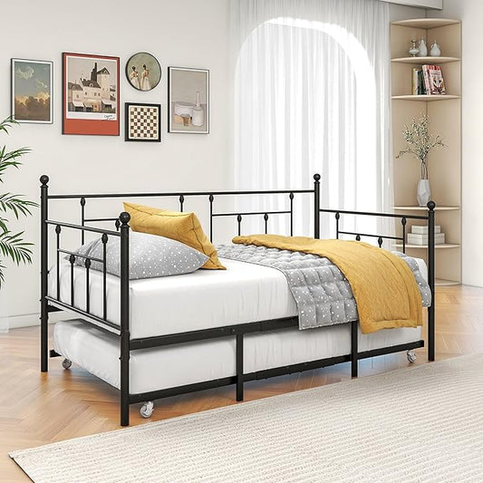 Twin Size Metal Daybed Frame with Trundle,Modern Multifunctional Platform Bed w/Slat Support and Retractable Support Tubes,Easy Assembly,for Guest Room,Bedroom,Living Room,Black - LeafyLoom