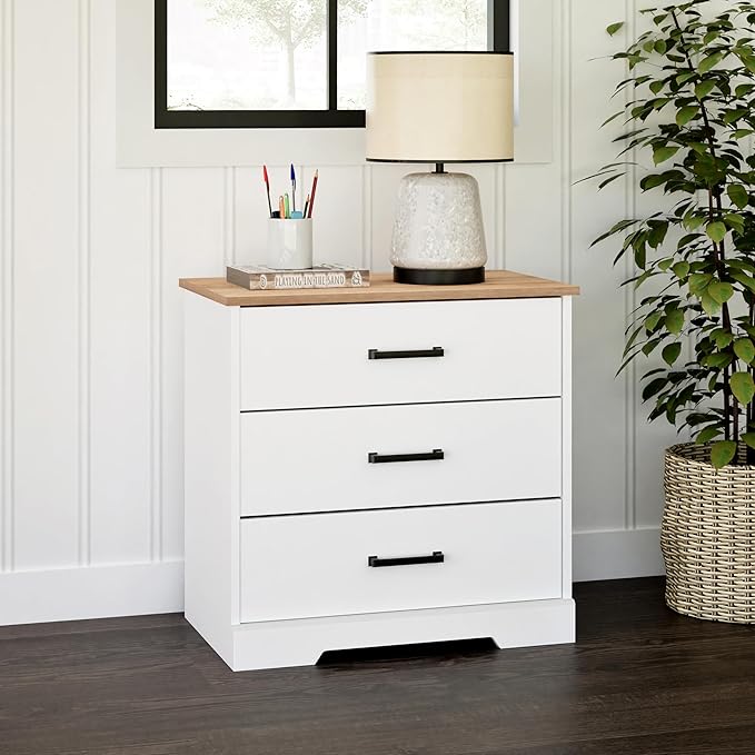 Prepac Three Drawer Nightstand, 16.25" D x 27.5" W x 26.75" H, White & Oak - LeafyLoom