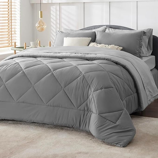 Bedsure Full Size Comforter Sets - 7 Pieces Reversible Full Bed in a Bag, Grey Full Bedding Sets with Comforters, Sheets, Pillowcases & Shams - LeafyLoom