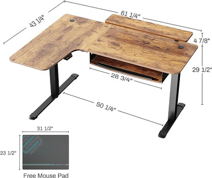 EUREKA ERGONOMIC Standing Desk with Keyboard Tray, Computer Desk, 61" L Shaped Electric Adjustable Height Desk w Monitor Stand LED, Corner Sit Stand Desk Gaming Desk, Dual Motor,Left/Rustic Brown - LeafyLoom