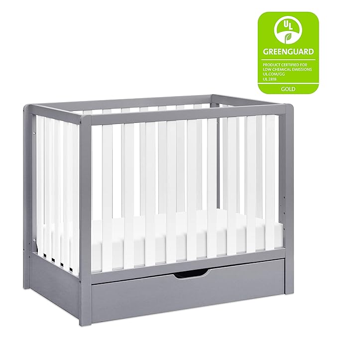 Carter's by DaVinci Colby 4-in-1 Convertible Mini Crib with Trundle Drawer in Grey and White, Greenguard Gold Certified, Undercrib Storage - LeafyLoom