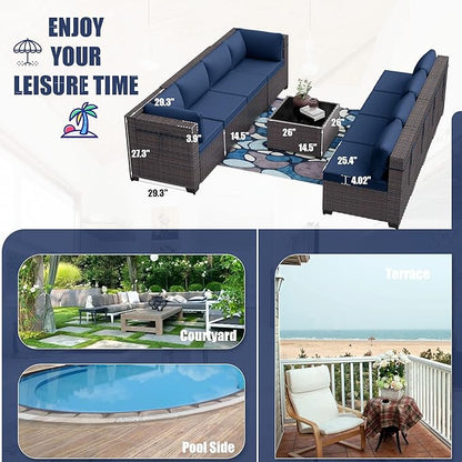 Patio Furniture Set 7-Pieces Outdoor Furniture for Backyard Wicker Sectional Sofa Set, Rattan Patio Conversation Set with Thickened Cushions and Glass Coffee Table, Navy Blue - LeafyLoom