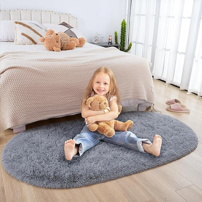 Merelax Soft Shaggy Rug for Kids Bedroom, Oval 2.6 x5.3 ft Grey Plush Fluffy Carpets for Living Room, Furry Carpet for Teen Girls Room, Anti-skid Fuzzy Comfy Rug for Nursery Decor Cute Baby Play Mat - LeafyLoom