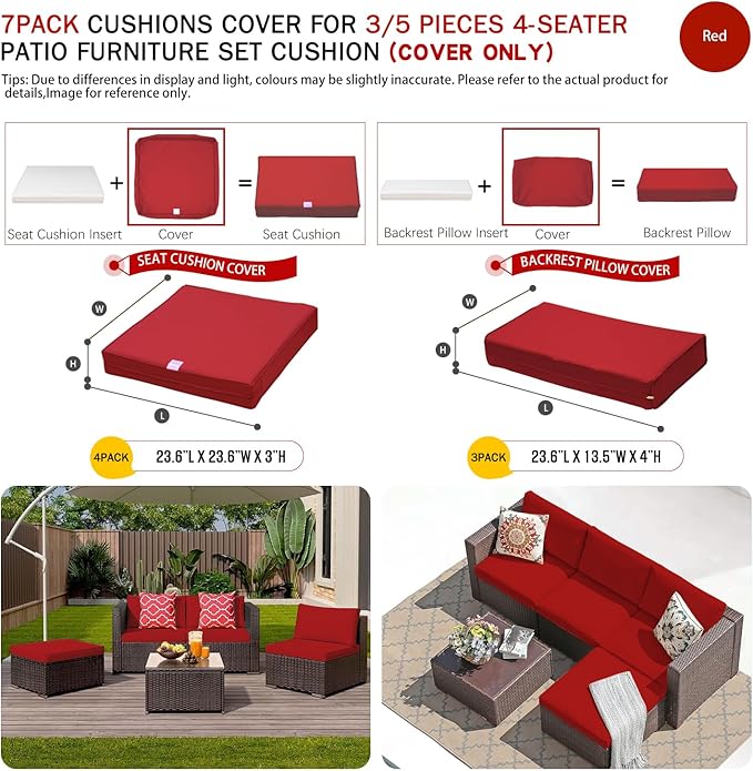 ClawsCover 7Pack Outdoor Seat and Back Cushions Replacement Covers Fit for 3/5 Pieces 4-Seater Wicker Rattan Patio Furniture Conversation Set Sectional Couch,Red-Small (Include Cover Only) - LeafyLoom