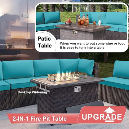 Patio Furniture Set with Fire Pit Table 8 PCS Outdoor Sectional Furniture Outdoor Rattan Patio Conversation Sets with 43in 55,000 BTU Propane Gas Fire Pit Table Glass Table, Blue - LeafyLoom