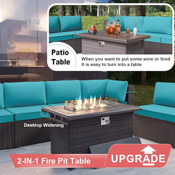 Patio Furniture Sectional Sofa Set 10-Pieces PE Rattan Patio Conversation Set w/43in Gas Fire Pit Table, Outdoor Furniture with 55000 BTU Propane Fire Pit, Blue - LeafyLoom