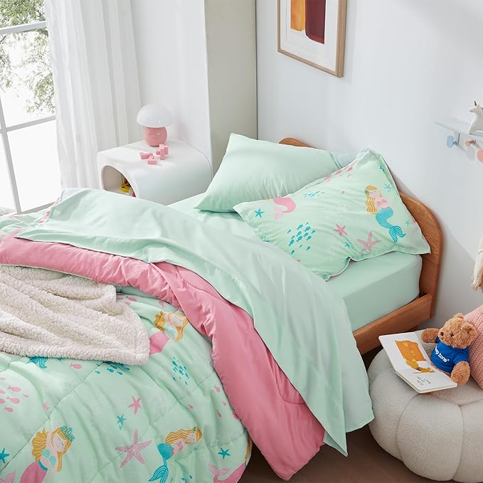 SLEEP ZONE Kids Twin Bedding Comforter Set - Super Cute & Soft Kids Bedding 5 Pieces Set with Comforter, Sheet, Pillowcase & Sham (Mermaid Princess) - LeafyLoom